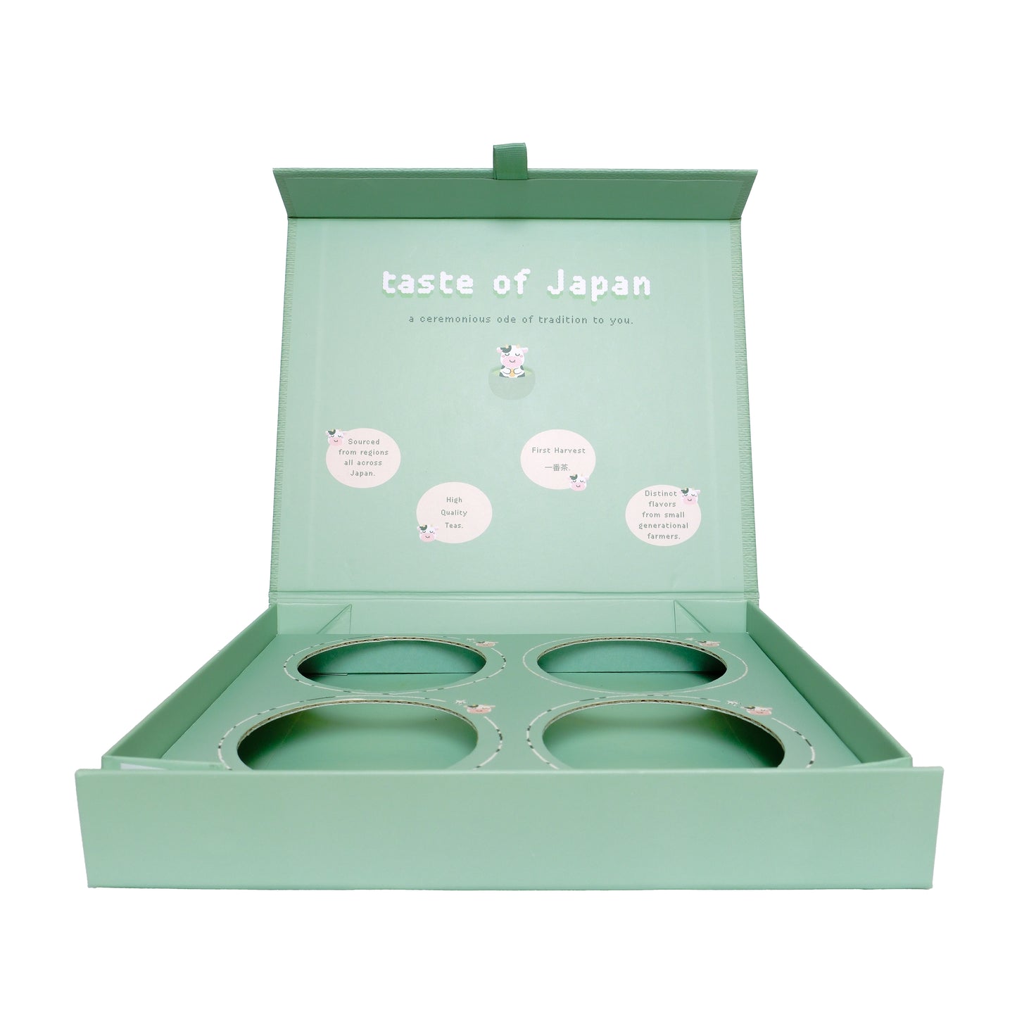 Opened Tea Bundle Box showing inside with empty inserts for four round tins